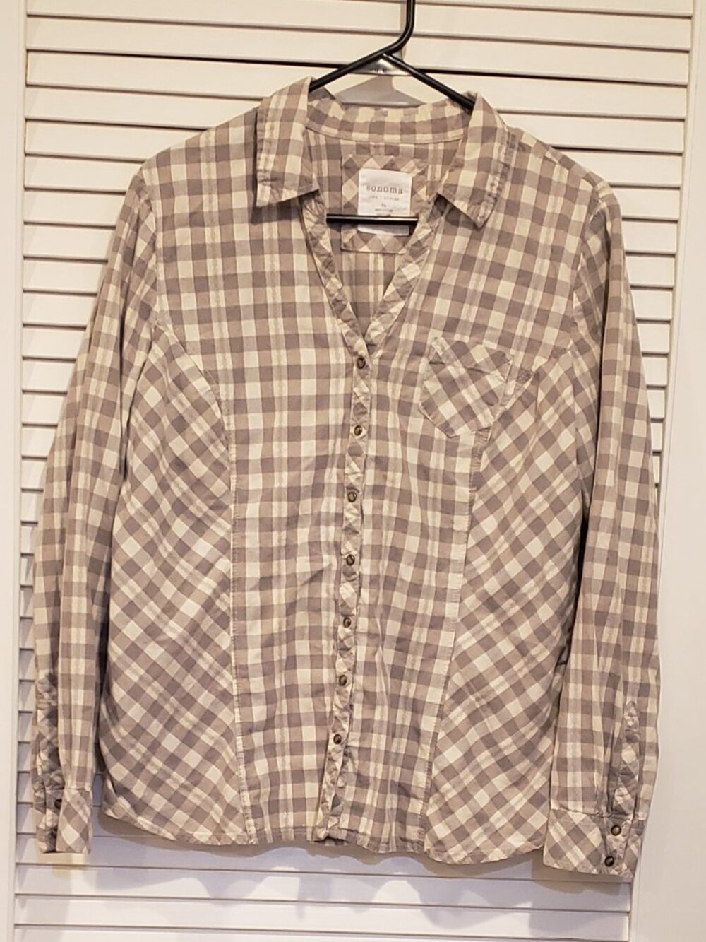 Sonoma Life + Style fitted, V-neck gray plaid long sleeve XL Blouse